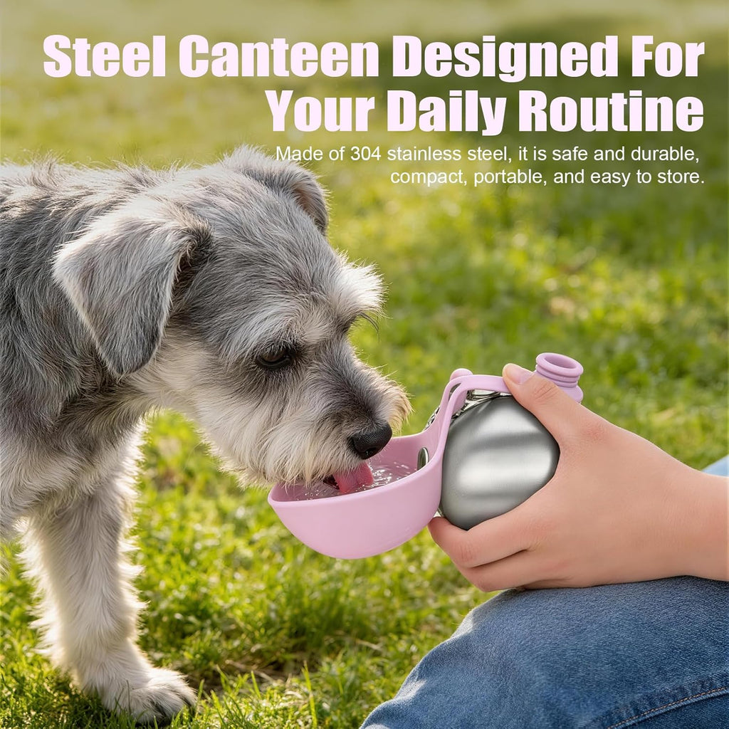 Stainless Steel Portable Dog Water Bottle with Bowl - 10oz No-Spill Travel Dispenser for Small Dogs, Ideal for Walking and Hiking